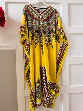 Vibrant Yellow Dashiki Kaftan Maxi Dress – Bohemian Loungewear – One Size